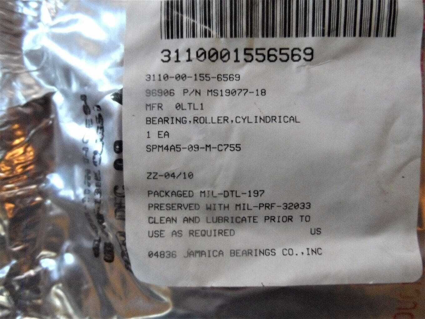 MUL31319 Cylindrical Roller Bearing MS19077-18 NSN 3110-00-155-6589 NEW