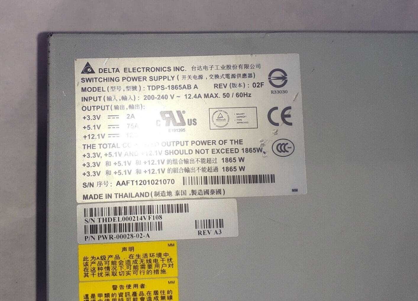 Delta Electronics TDPS-1865AB A PSU Power Supply 1865W PWR-00028-02-A