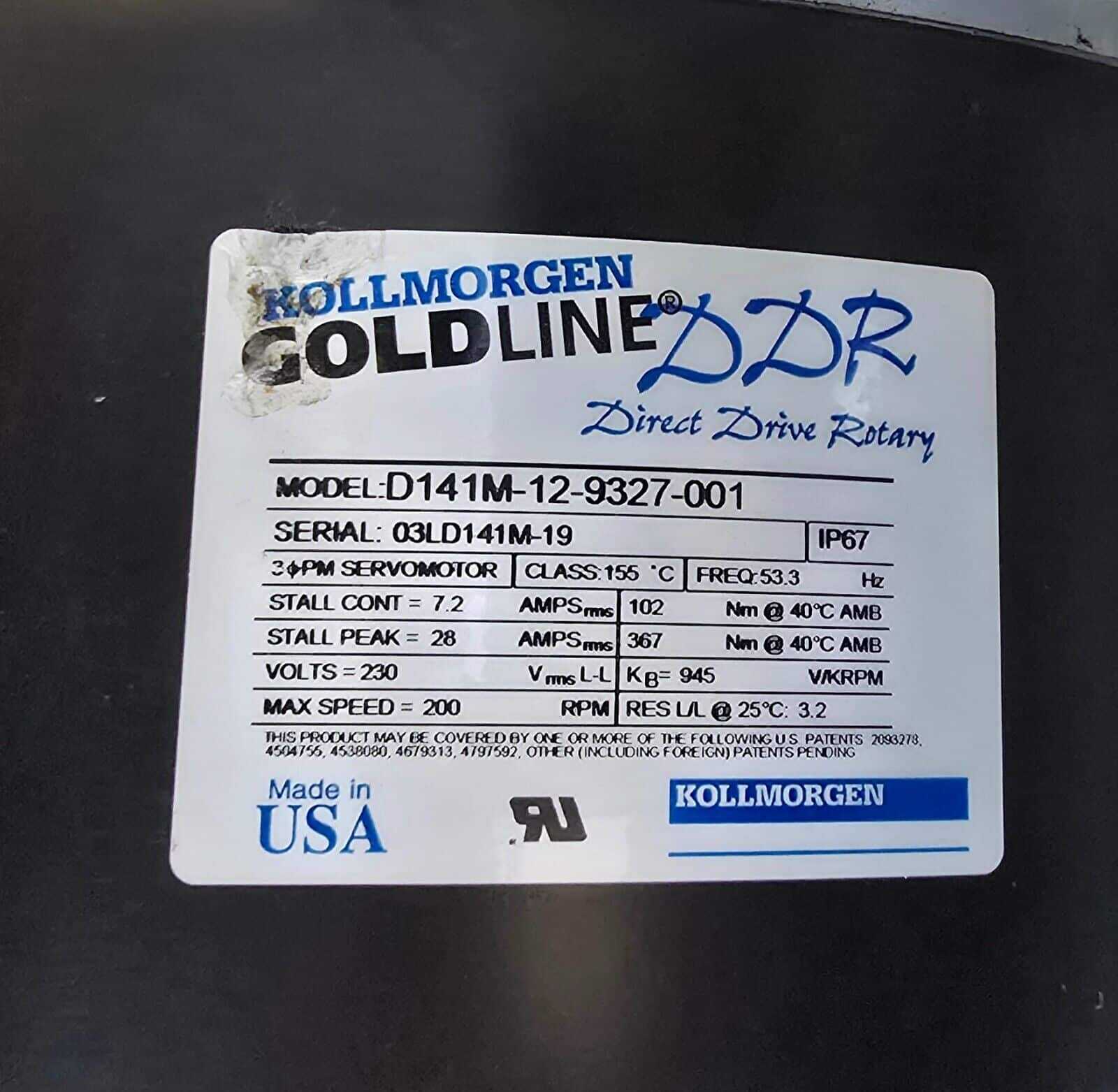KOLLMORGEN GOLDLINE DDR DIRECT DRIVE ROTARY SERVO MOTOR D141M-12-9327-001