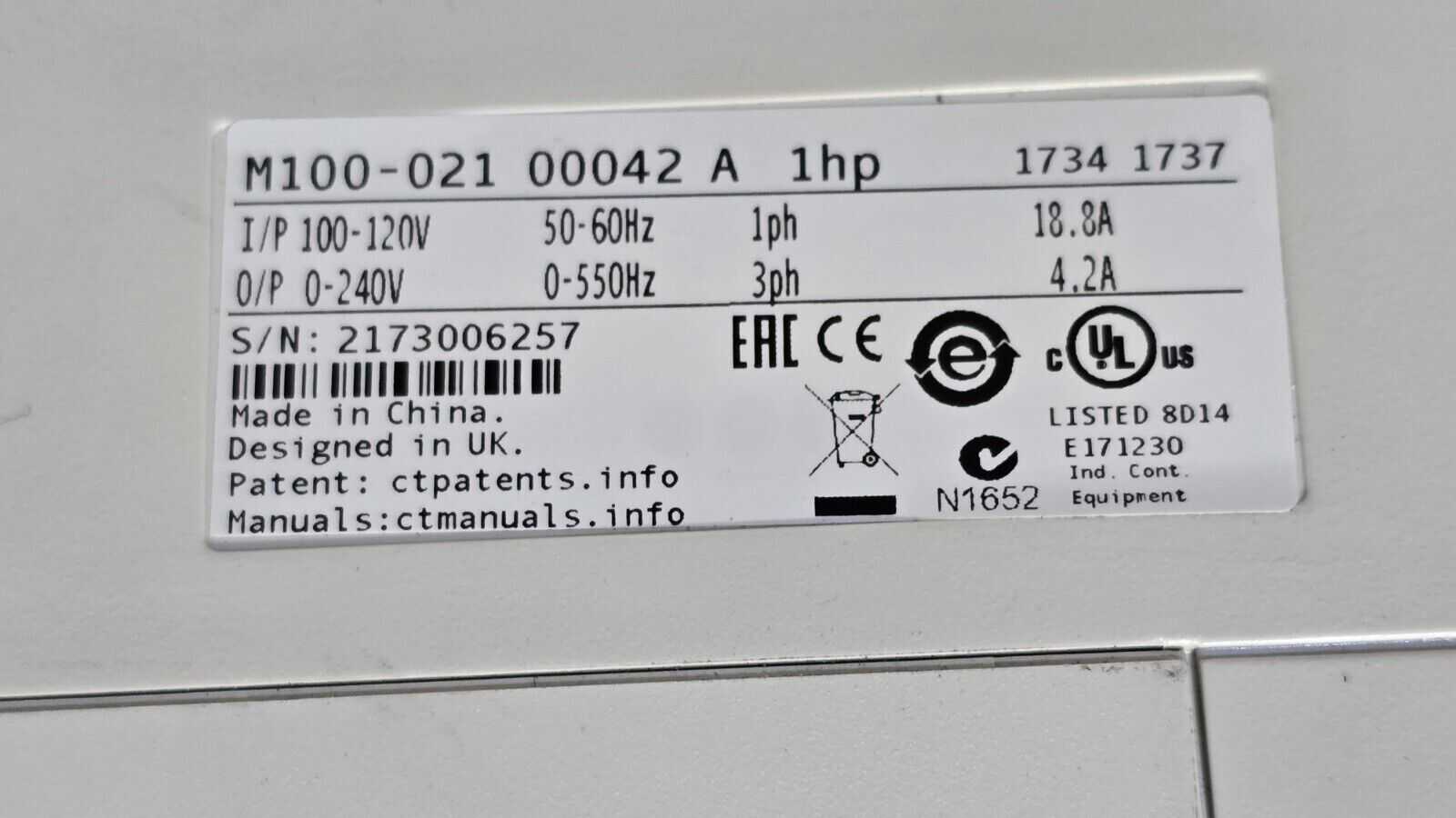 EMERSON CONTROL TECHNIQUES M100-021 00042 A / M100 UNIDRIVE 1HP 100-120V IN USNP