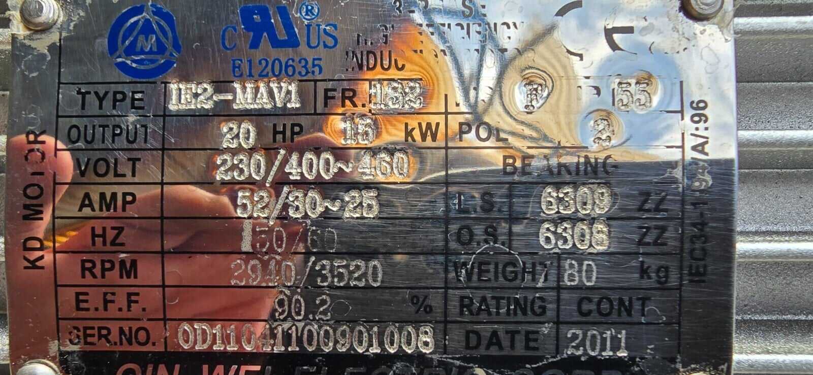 Qin Wei Electric IE2-MAVI FR.132S 20HP Electric Motor 230/400-460V 3PH 3520RPM