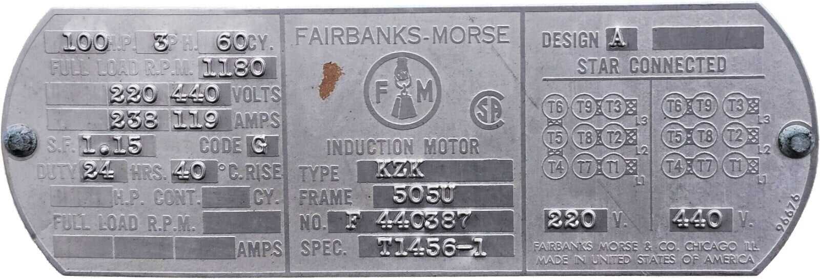 Fairbanks-Morse 100 HP Induction Motor 3-Phase 1180 RPM 220/440V Frame 505U Type