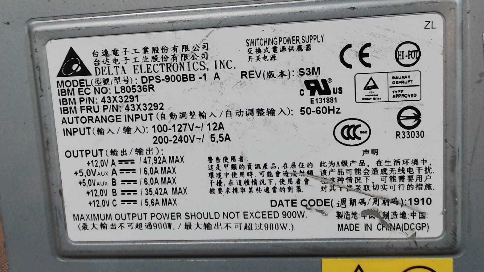 IBM POWER SUPPLY 900W FOR X IDATAPLEX DX360 M3 DPS-900BB-1, 43X3291, 43X3292