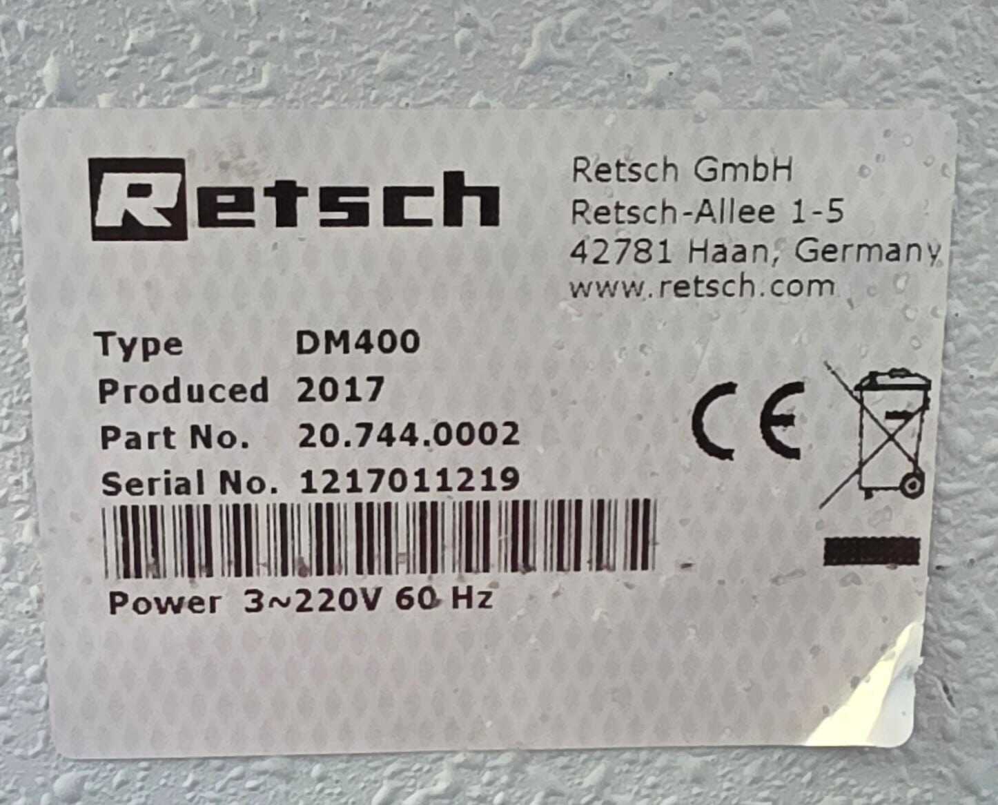 Retsch DM400 Disc Mill 2017 Laboratory Sample Preparation Mill 20.744.0002