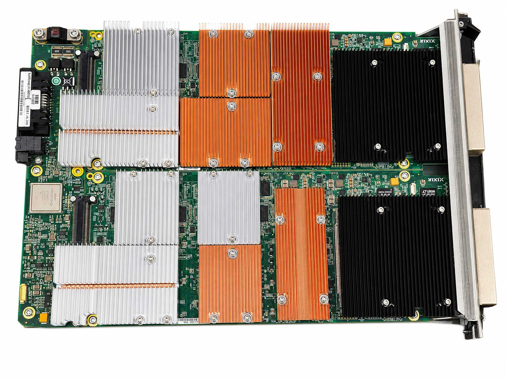 Top-down view of a refurbished Ixia Xcellon-Lava AP40/100GE 2P load module board showing its FPGA array and copper heatsinks