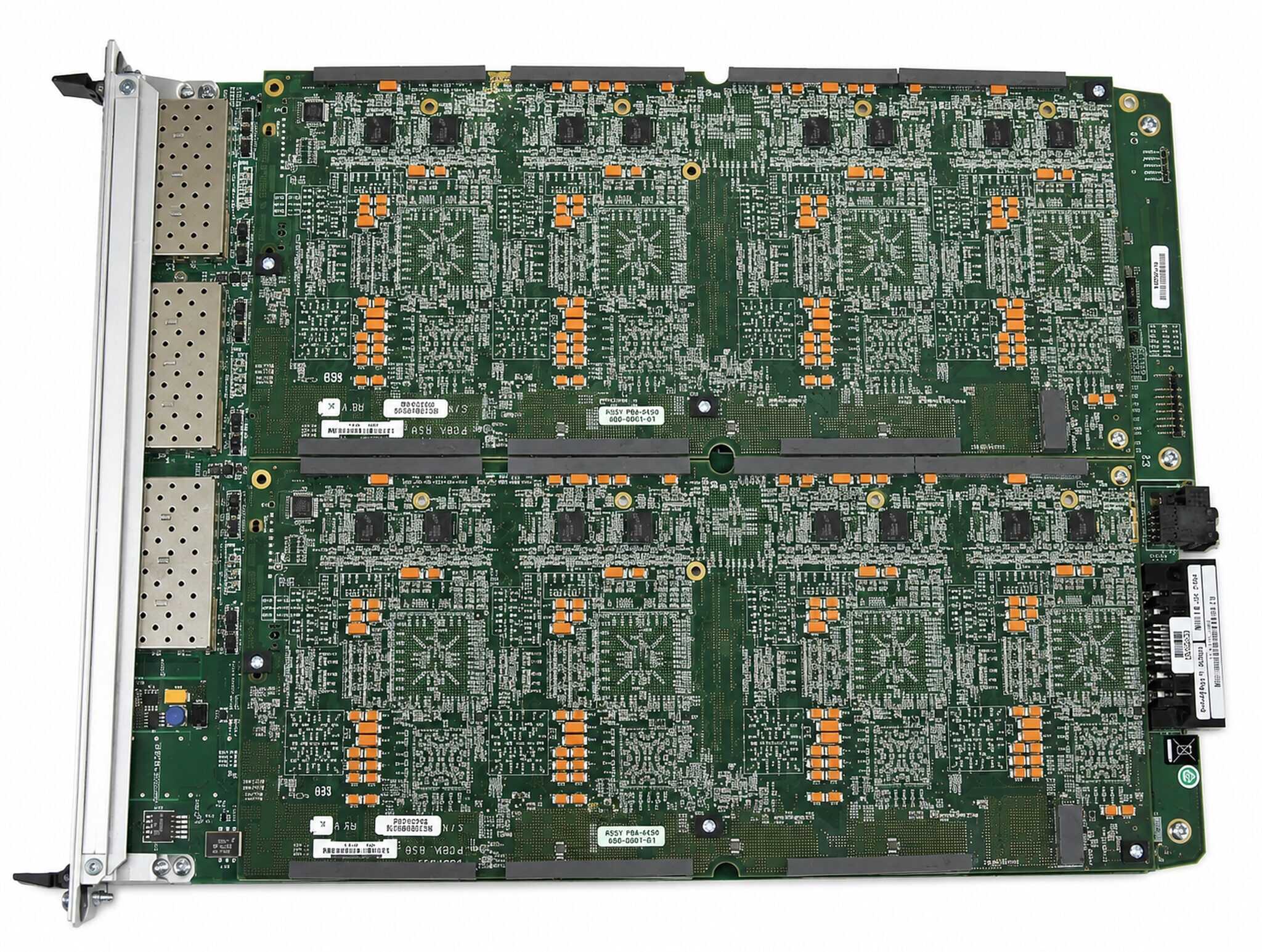 Top-down view of a refurbished Ixia Xcellon-Ultra NP load module board showing the per-port CPU array behind its twelve dual-PHY ports