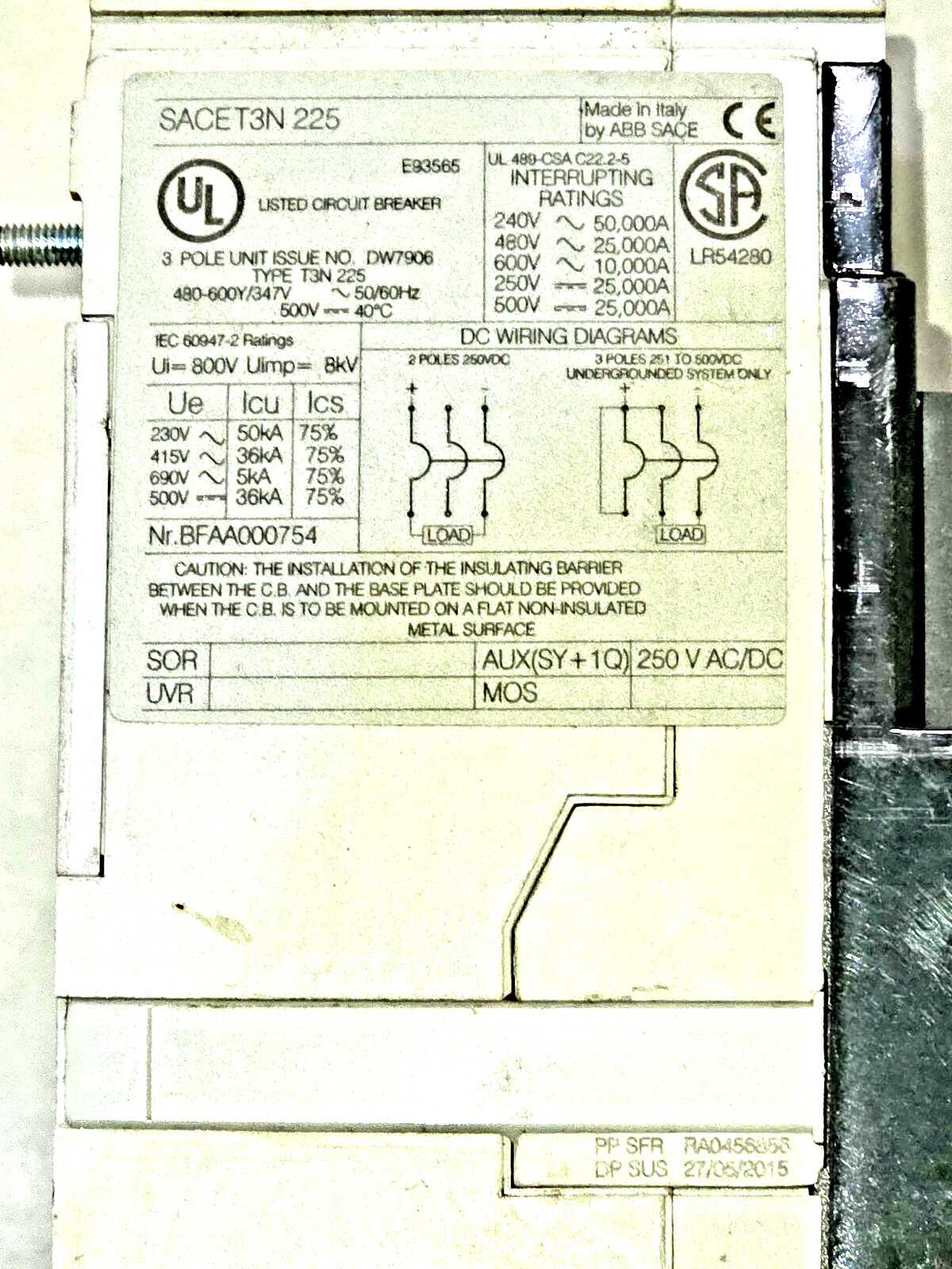ABB SACE T3N 225 Molded Case Circuit Breaker 3 Pole 200A 600V Rotary Handle