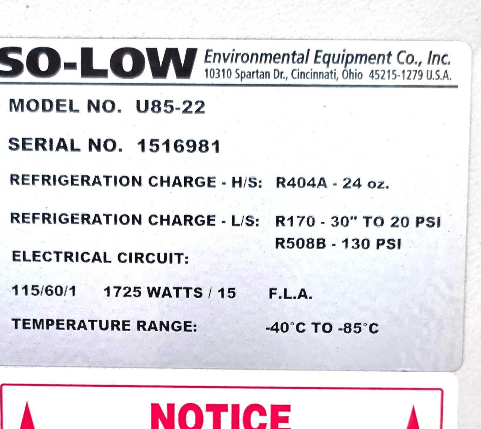 So-Low U85-22 -85C Ultra Low Lab Freezer 22 Cu Ft CO2 Backup Tested