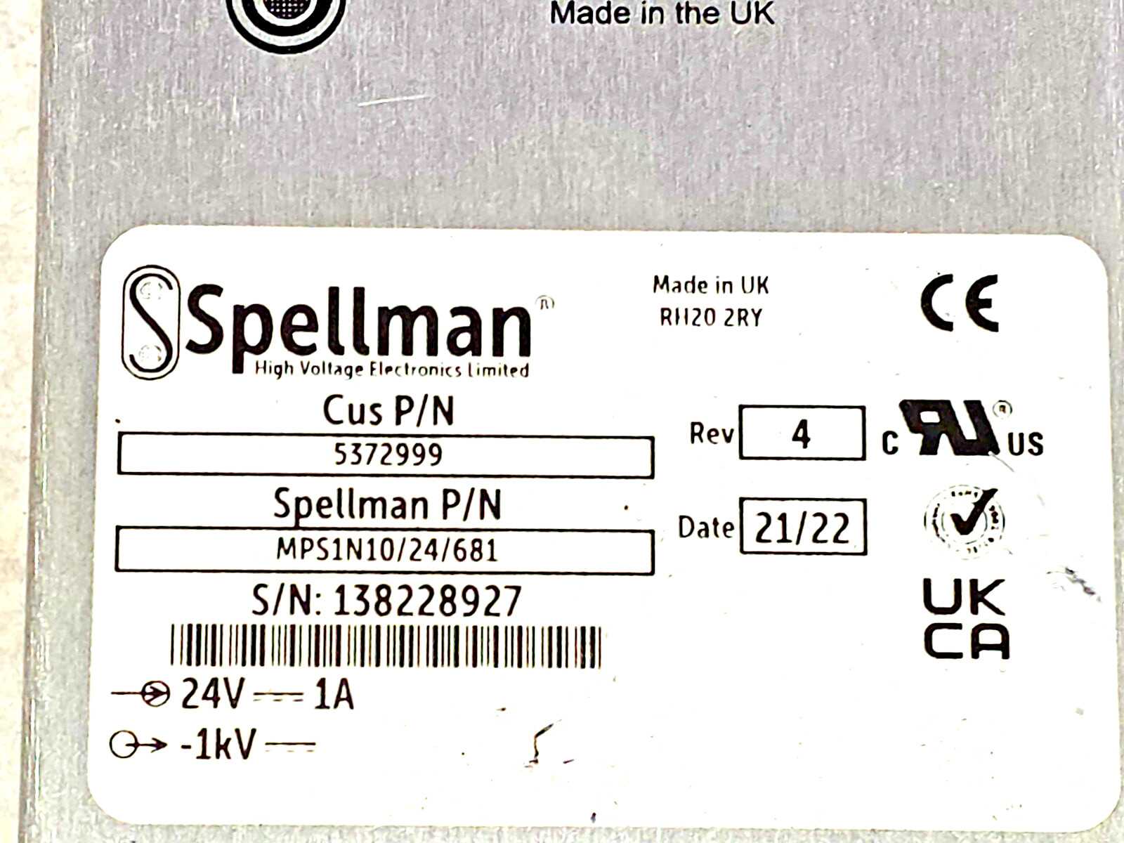 Spellman MPS1N10/24/681 High Voltage Power Supply 1kV Negative 10W 24Vdc Input