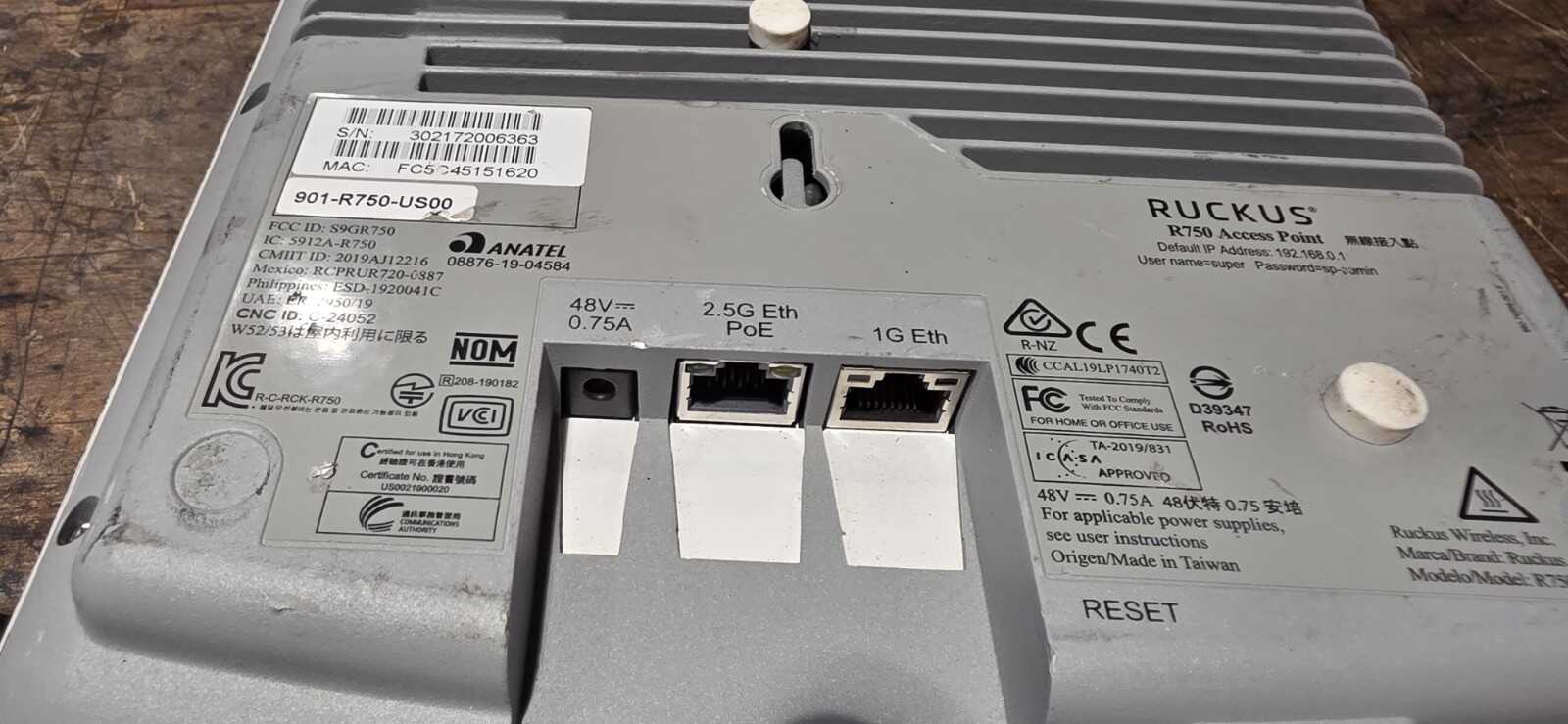 Ruckus R750 901-R750-US00 Wi-Fi 6 802.11ax 4x4:4 Dual Band Indoor Access Point