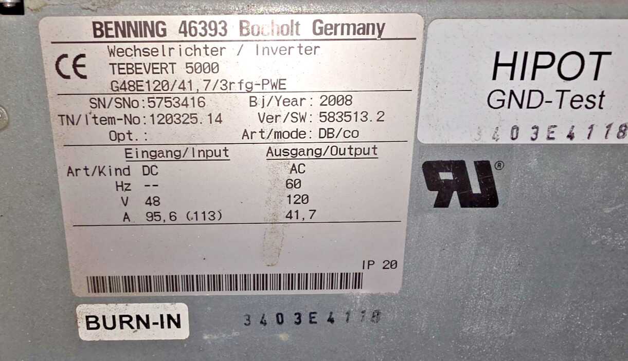 Benning Tebevert 5000 G48E120/41.7/3rfg-PWE, 120325.14 583513.2 5kVA Inverter