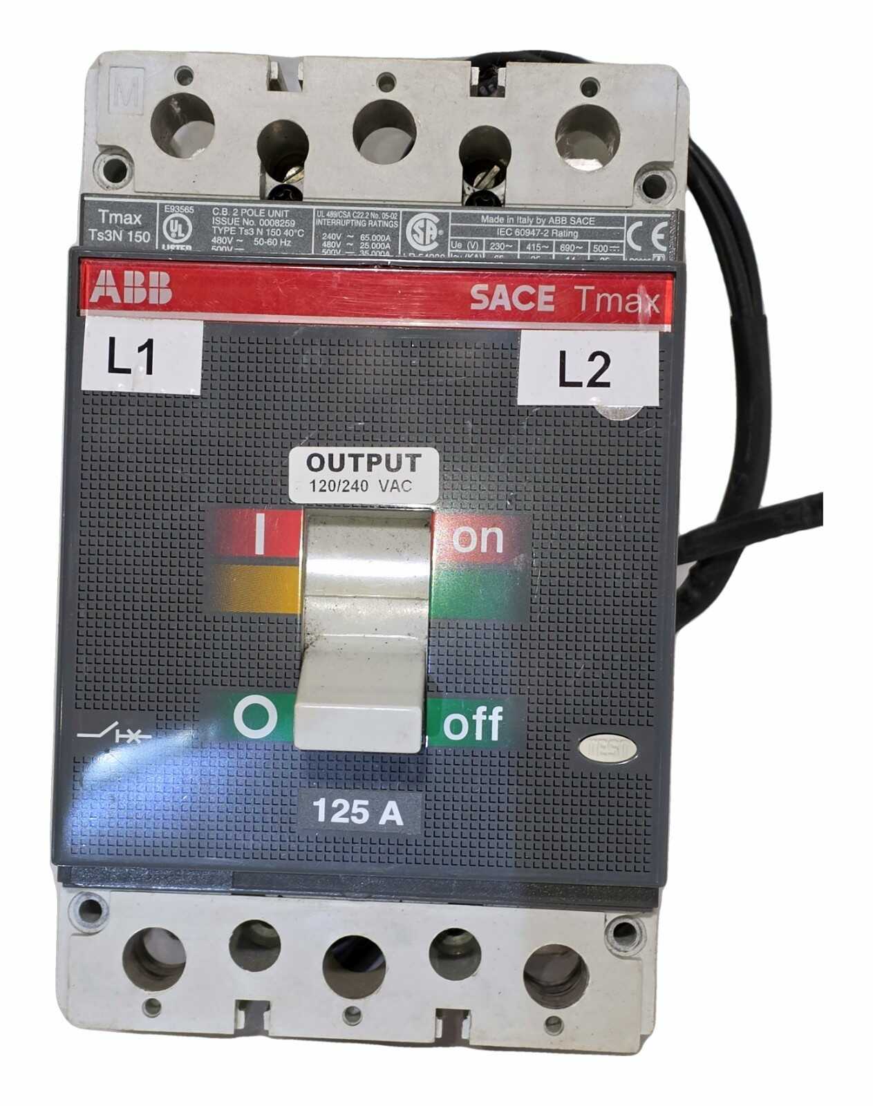 ABB SACE Tmax Ts3N 150 Molded Case Circuit Breaker 125A 2 Pole 480V Aux Contacts
